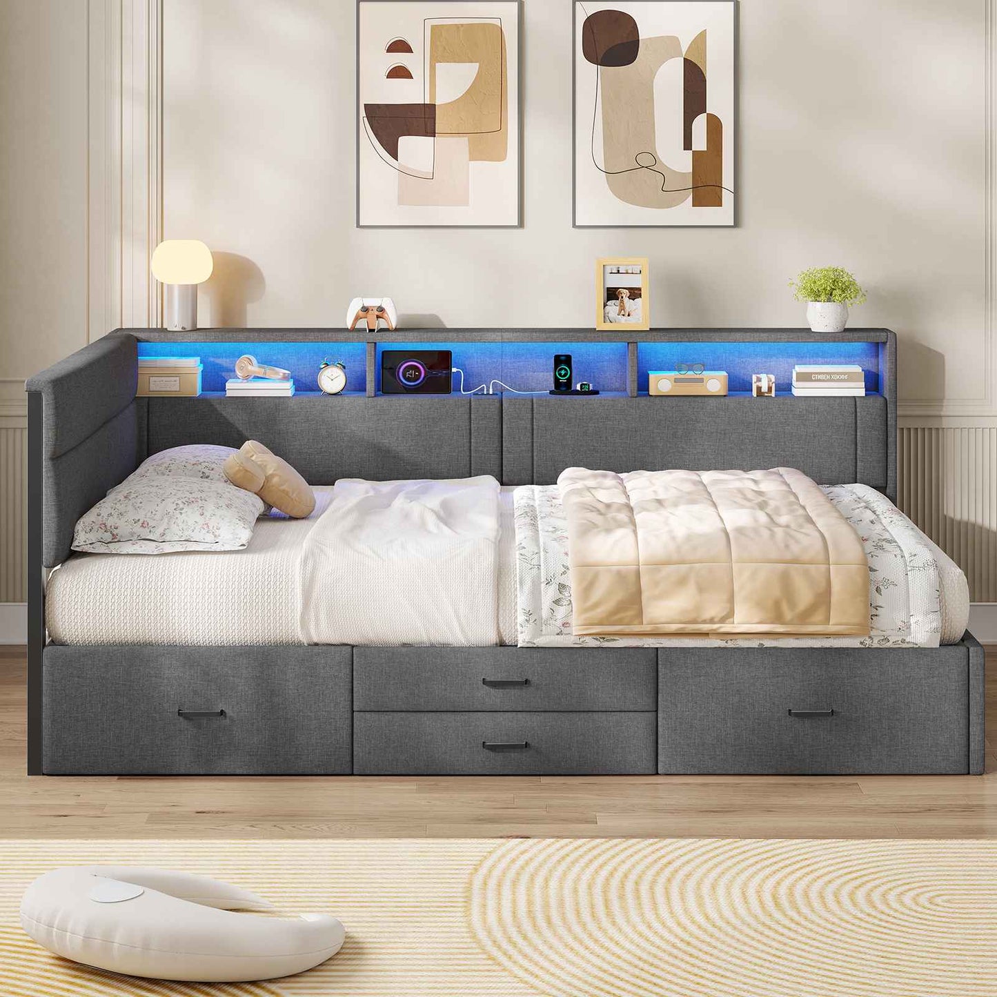 Canapé-lit AOGLLATI 140x200mm avec éclairage LED et prise électrique lit double 4 tiroirs tête de lit interchangeable