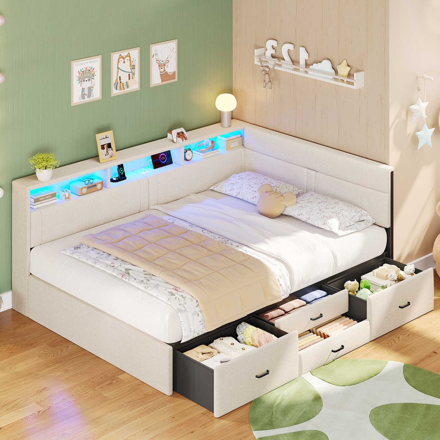 Canapé-lit AOGLLATI 140x200mm avec éclairage LED et prise électrique lit double 4 tiroirs tête de lit interchangeable