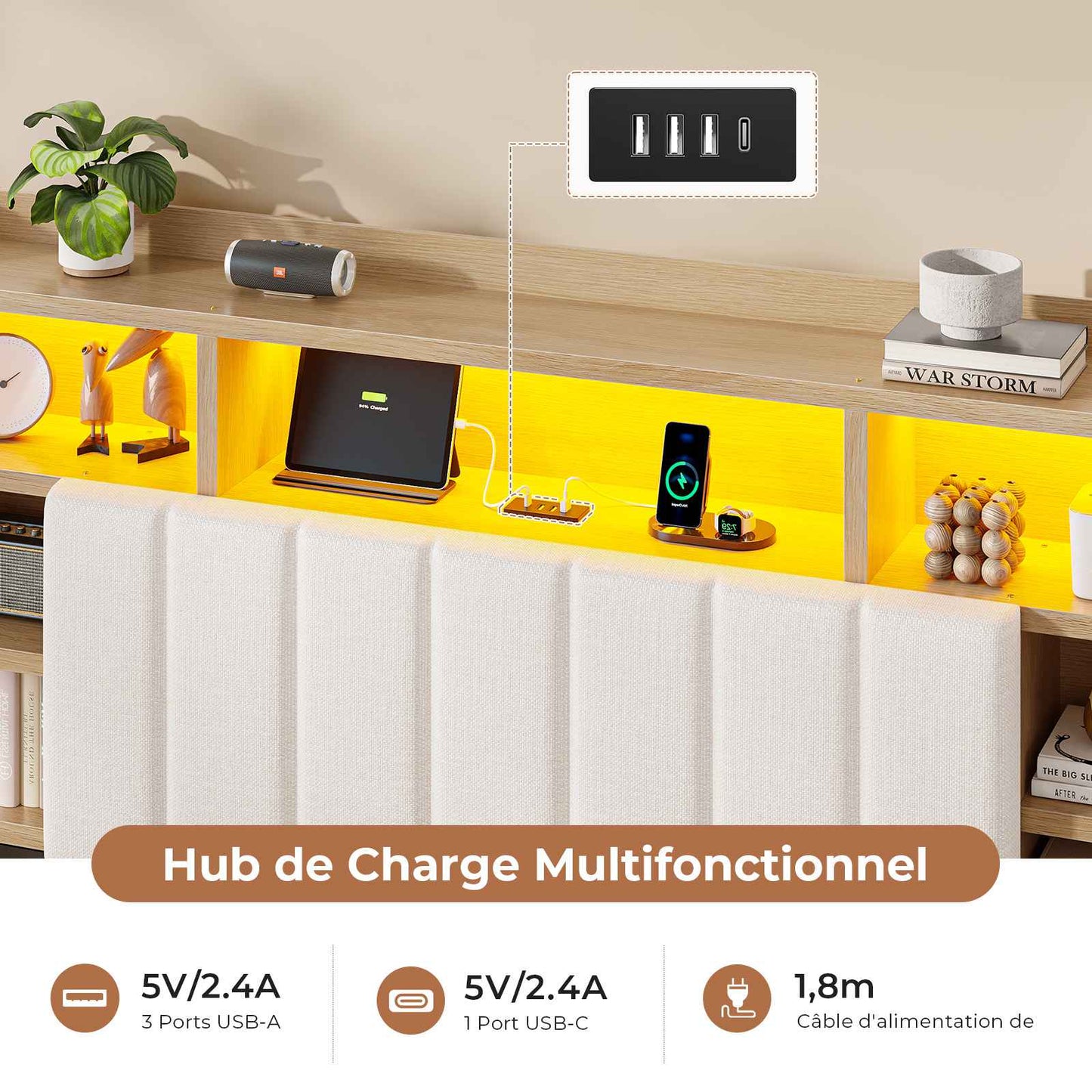 Lit coffre AOGLLATI 160x200 avec 4 grands tiroirs, lit double en lin gris avec tête de lit de rangement éclairage LED et station de recharge