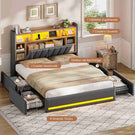 Lit coffre AOGLLATI 160x200 avec 4 grands tiroirs, lit double en lin gris avec tête de lit de rangement éclairage LED et station de recharge