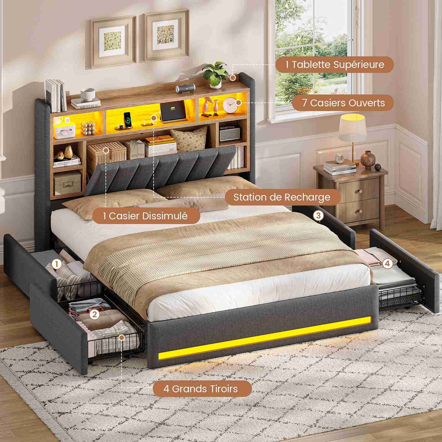 Lit coffre AOGLLATI 160x200 avec 4 grands tiroirs, lit double en lin gris avec tête de lit de rangement éclairage LED et station de recharge