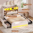Lit coffre AOGLLATI 140x200 avec 4 grands tiroirs, lit double en lin gris avec tête de lit de rangement éclairage LED et station de recharge