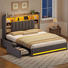 Lit coffre AOGLLATI 160x200 avec 4 grands tiroirs, lit double en lin gris avec tête de lit de rangement éclairage LED et station de recharge