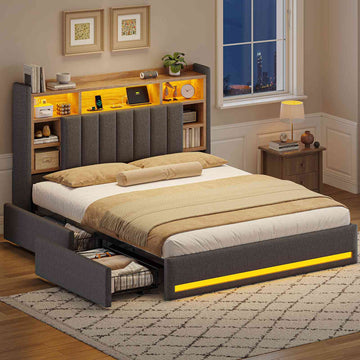 Lit coffre AOGLLATI 160x200 avec 4 grands tiroirs, lit double en lin gris avec tête de lit de rangement éclairage LED et station de recharge