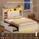 Lit coffre AOGLLATI 140x190 avec 4 grands tiroirs, lit double en lin beige avec tête de lit de rangement éclairage LED et station de recharge
