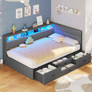 Canapé lit rembourré AOGLLATI 90 x 200 cm lit simple avec éclairage LED et station de recharge 4 tiroirs et cadre de lit rayé