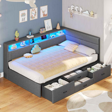 Canapé lit rembourré AOGLLATI 90 x 200 cm lit simple avec éclairage LED et station de recharge 4 tiroirs et cadre de lit rayé