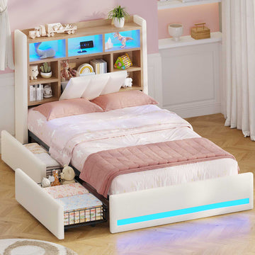 Lit coffre AOGLLATI 90x200 avec deux grands tiroirs lit simple en lin beige avec tête de lit de rangement éclairage LED et station de recharge