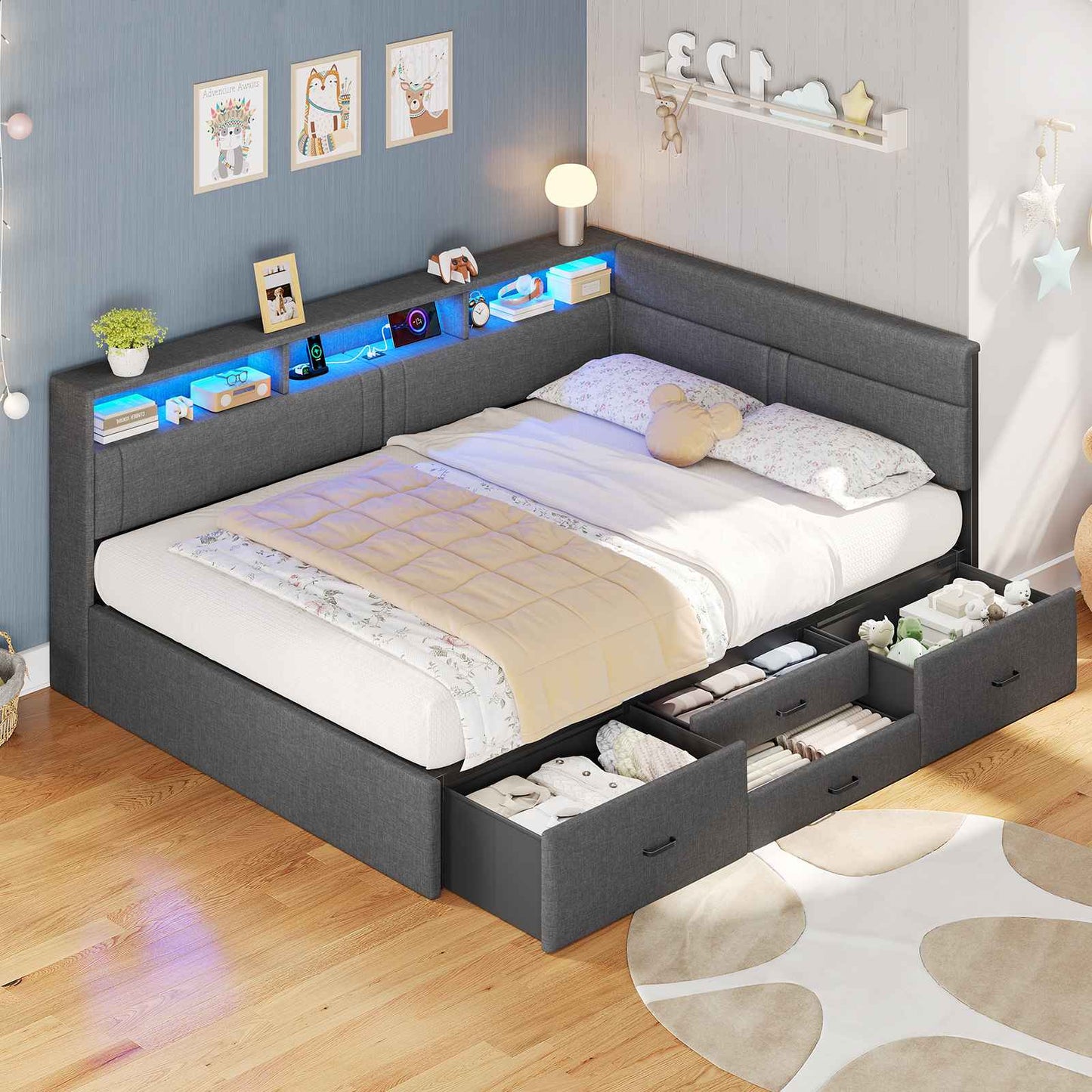 Canapé-lit AOGLLATI 140x200mm avec éclairage LED et prise électrique lit double 4 tiroirs tête de lit interchangeable