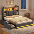 Lit coffre AOGLLATI 140x200 avec 4 grands tiroirs, lit double en lin gris avec tête de lit de rangement éclairage LED et station de recharge
