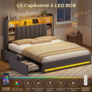 Lit coffre AOGLLATI 160x200 avec 4 grands tiroirs, lit double en lin gris avec tête de lit de rangement éclairage LED et station de recharge