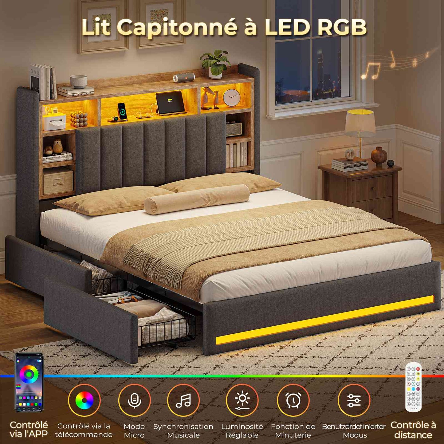 Lit coffre AOGLLATI 160x200 avec 4 grands tiroirs, lit double en lin gris avec tête de lit de rangement éclairage LED et station de recharge