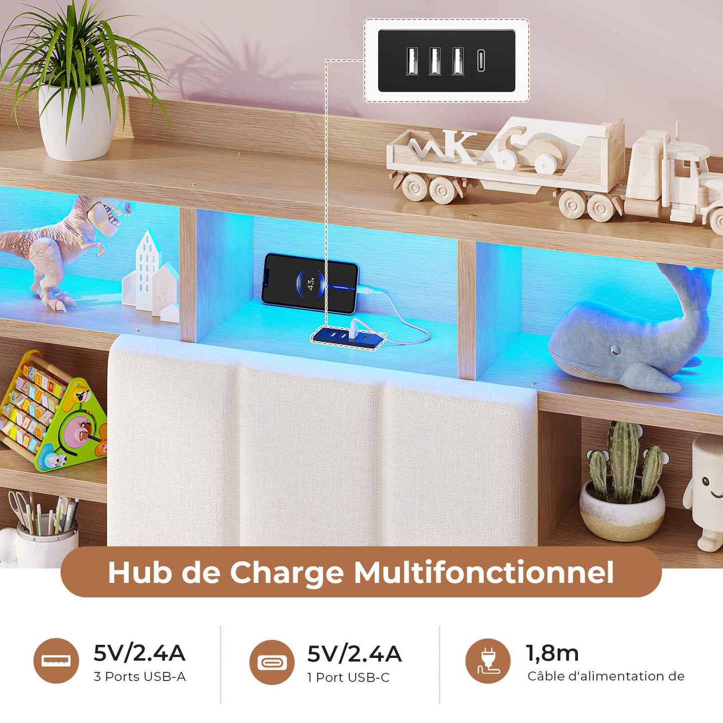 Lit coffre AOGLLATI 90x200 avec deux grands tiroirs lit simple en lin beige avec tête de lit de rangement éclairage LED et station de recharge