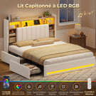Lit coffre AOGLLATI 160x200 avec 4 grands tiroirs, lit double en lin gris avec tête de lit de rangement éclairage LED et station de recharge
