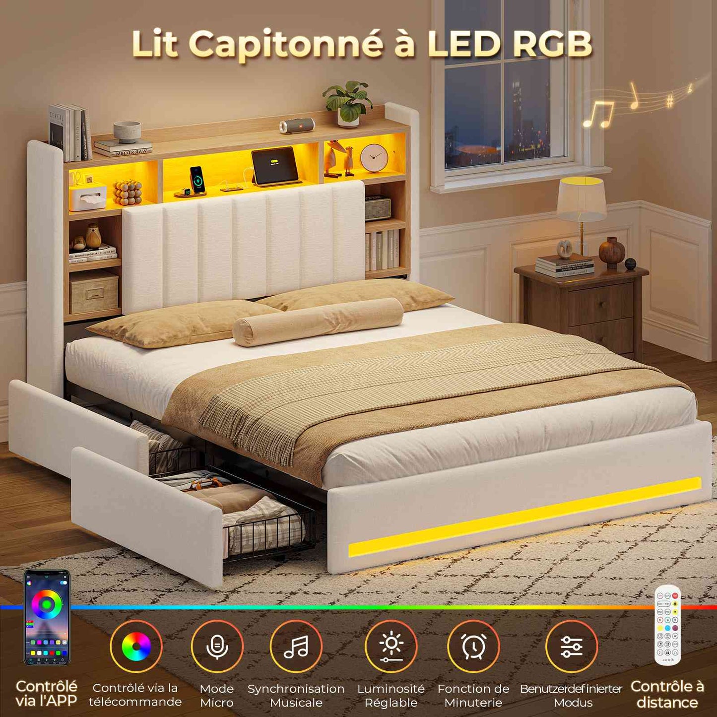 Lit coffre AOGLLATI 160x200 avec 4 grands tiroirs, lit double en lin gris avec tête de lit de rangement éclairage LED et station de recharge