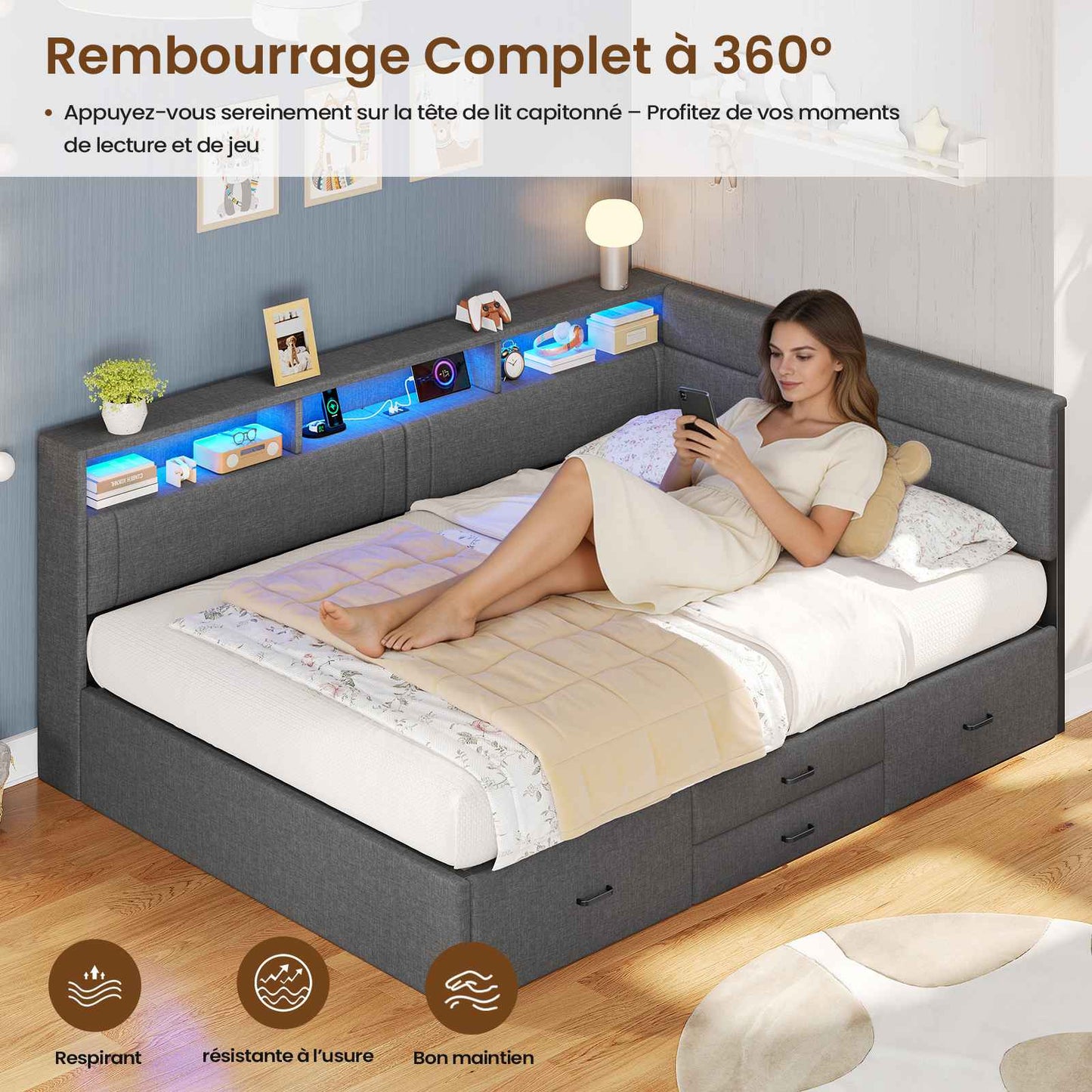 Canapé-lit AOGLLATI 140x200mm avec éclairage LED et prise électrique lit double 4 tiroirs tête de lit interchangeable