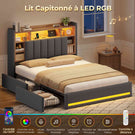 Lit coffre AOGLLATI 140x200 avec 4 grands tiroirs, lit double en lin gris avec tête de lit de rangement éclairage LED et station de recharge