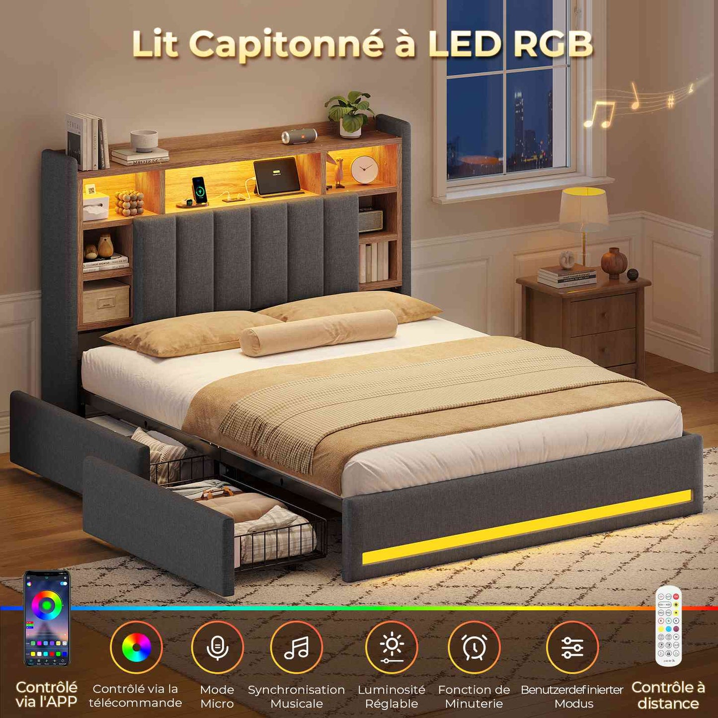 Lit coffre AOGLLATI 140x200 avec 4 grands tiroirs, lit double en lin gris avec tête de lit de rangement éclairage LED et station de recharge