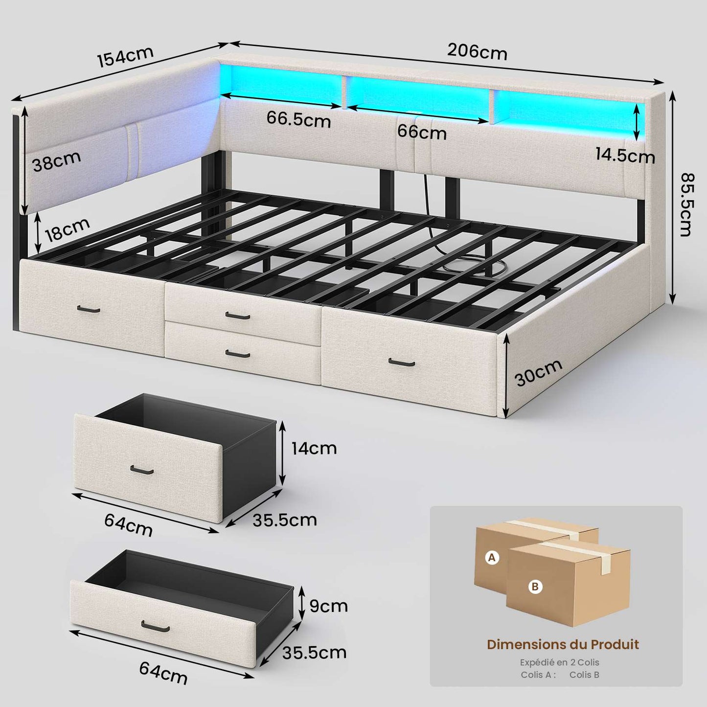 Canapé-lit AOGLLATI 140x200mm avec éclairage LED et prise électrique lit double 4 tiroirs tête de lit interchangeable
