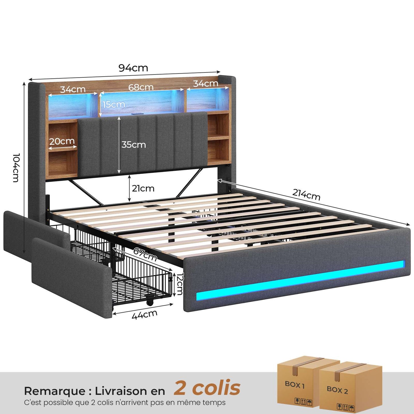 Lit coffre AOGLLATI 160x200 avec 4 grands tiroirs, lit double en lin gris avec tête de lit de rangement éclairage LED et station de recharge