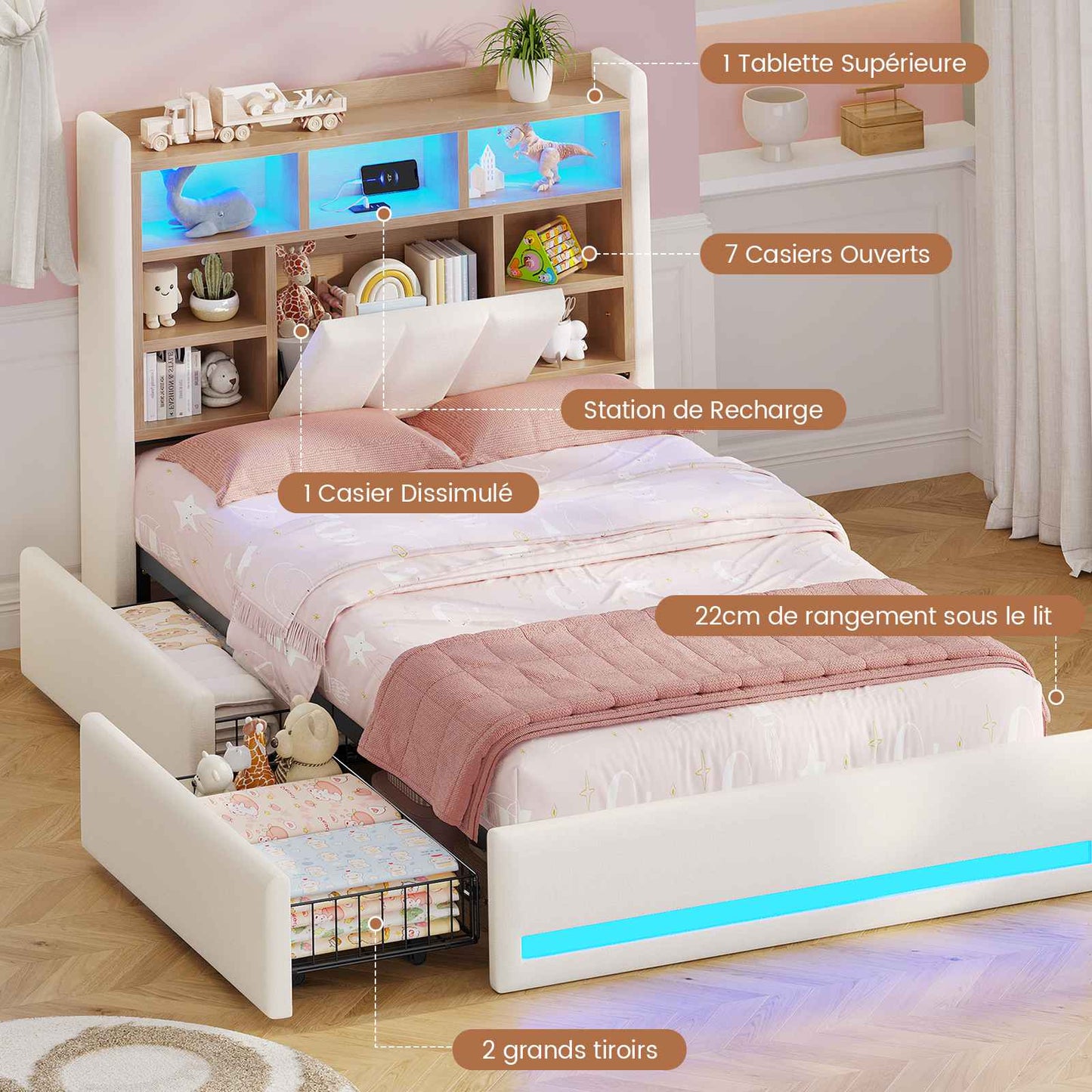 Lit coffre AOGLLATI 90x200 avec deux grands tiroirs lit simple en lin beige avec tête de lit de rangement éclairage LED et station de recharge