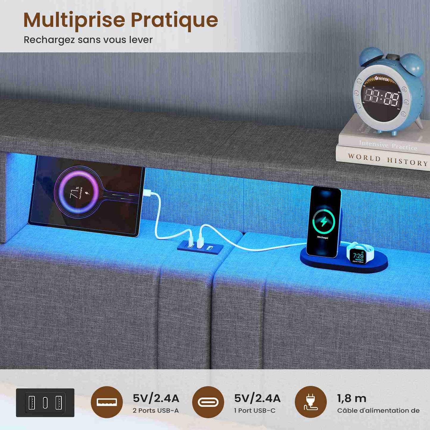 Canapé-lit AOGLLATI 140x200mm avec éclairage LED et prise électrique lit double 4 tiroirs tête de lit interchangeable