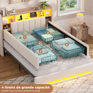 Lit coffre AOGLLATI 140x200 avec 4 grands tiroirs, lit double en lin gris avec tête de lit de rangement éclairage LED et station de recharge