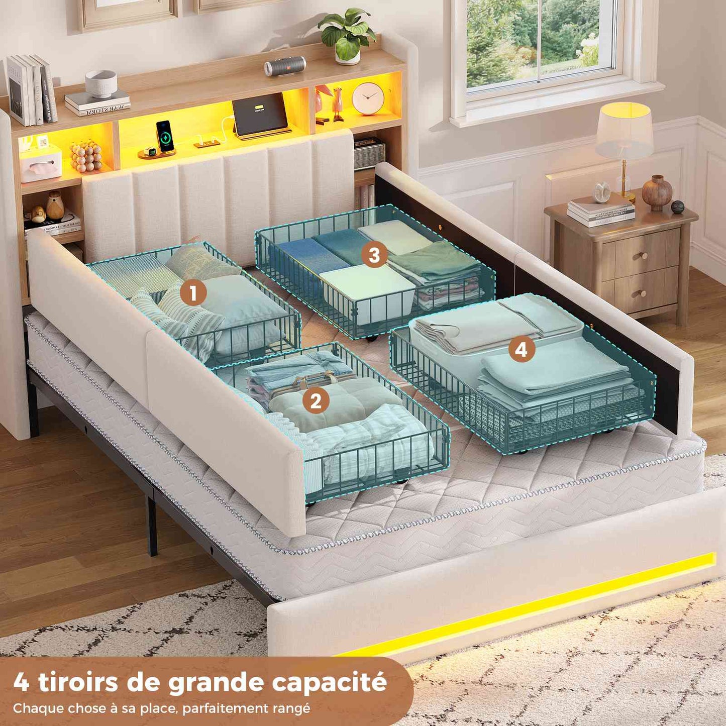 Lit coffre AOGLLATI 140x200 avec 4 grands tiroirs, lit double en lin gris avec tête de lit de rangement éclairage LED et station de recharge