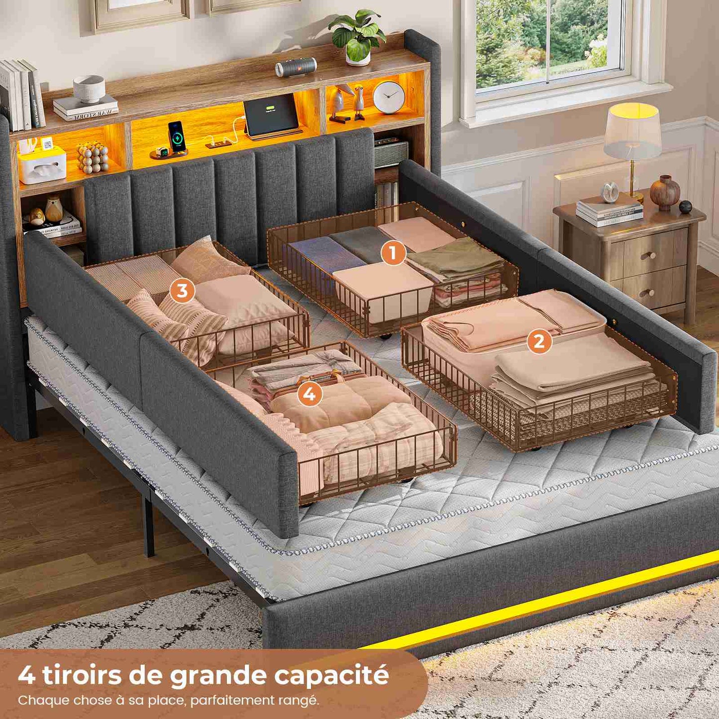 Lit coffre AOGLLATI 160x200 avec 4 grands tiroirs, lit double en lin gris avec tête de lit de rangement éclairage LED et station de recharge
