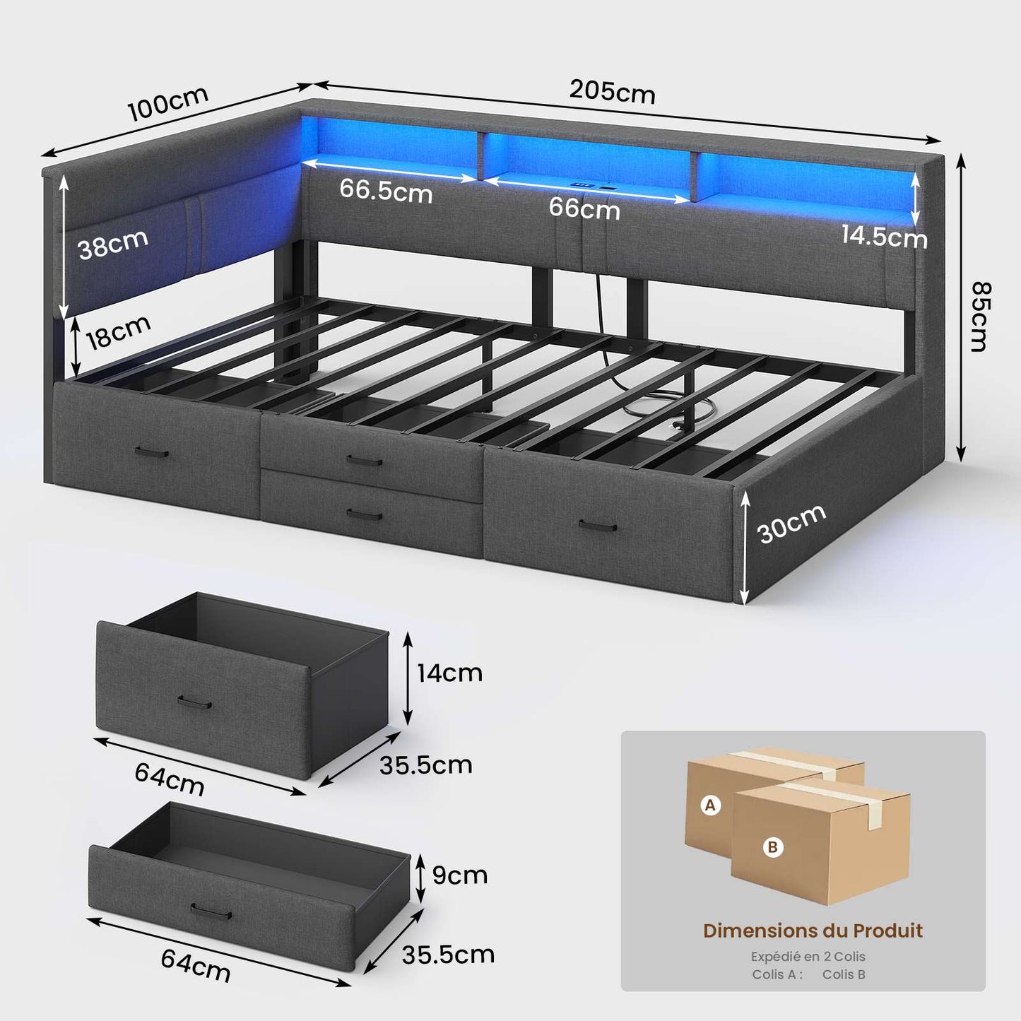 Canapé lit rembourré AOGLLATI 90 x 200 cm lit simple avec éclairage LED et station de recharge 4 tiroirs et cadre de lit rayé