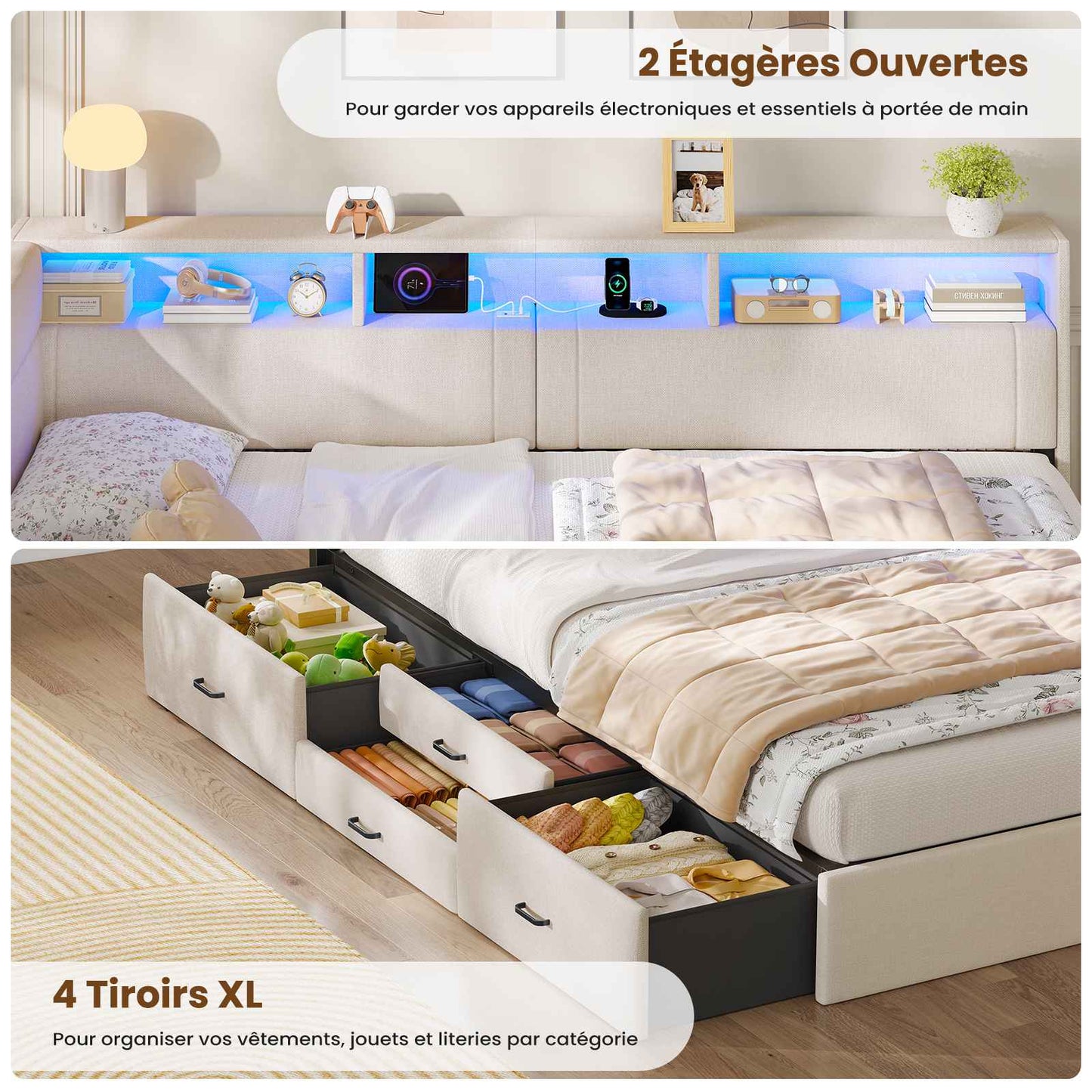 Canapé-lit AOGLLATI 140x200mm avec éclairage LED et prise électrique lit double 4 tiroirs tête de lit interchangeable