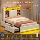 Lit coffre AOGLLATI 90x200 avec deux grands tiroirs lit simple en lin beige avec tête de lit de rangement éclairage LED et station de recharge