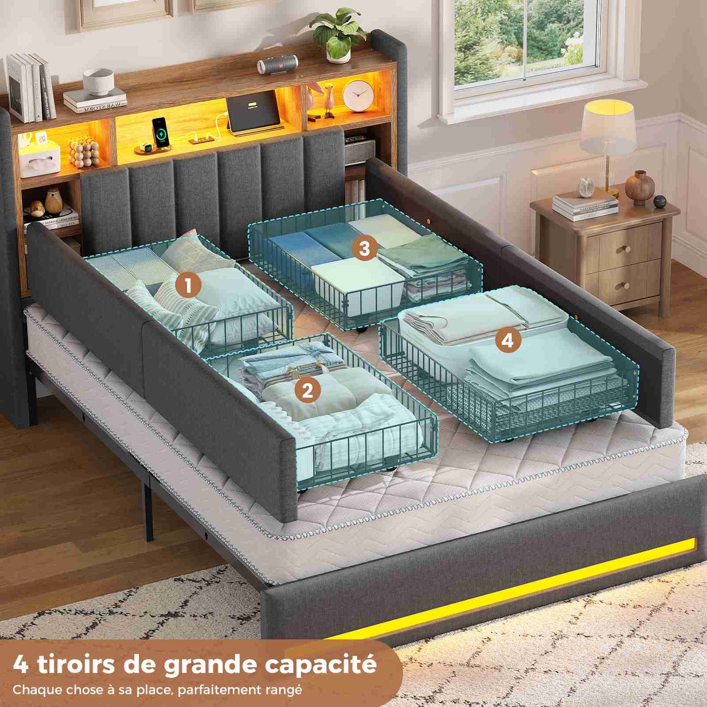 Lit coffre AOGLLATI 140x200 avec 4 grands tiroirs, lit double en lin gris avec tête de lit de rangement éclairage LED et station de recharge