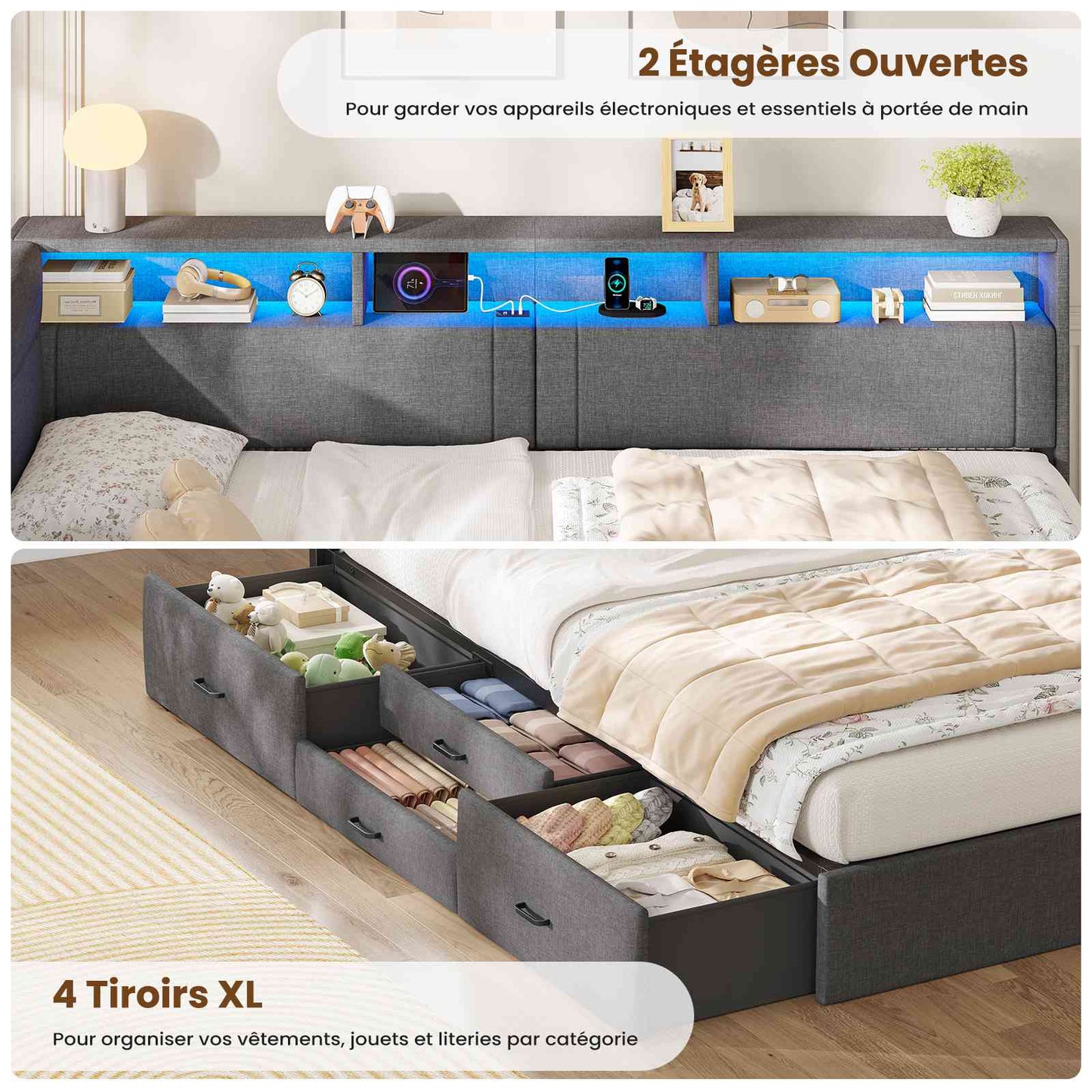 Canapé-lit AOGLLATI 140x200mm avec éclairage LED et prise électrique lit double 4 tiroirs tête de lit interchangeable