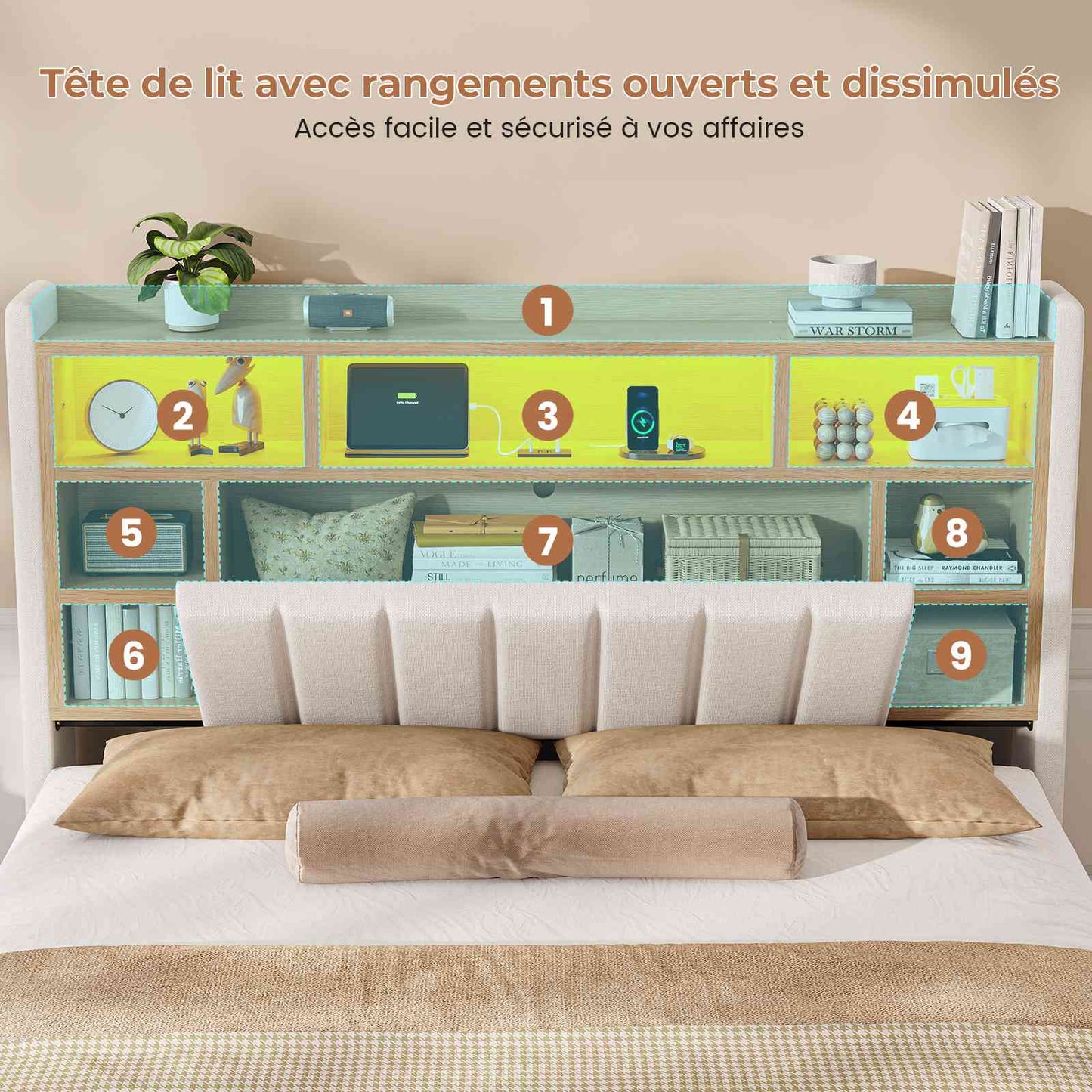 Lit coffre AOGLLATI 160x200 avec 4 grands tiroirs, lit double en lin gris avec tête de lit de rangement éclairage LED et station de recharge