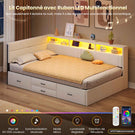 Canapé lit rembourré AOGLLATI 90 x 200 cm lit simple avec éclairage LED et station de recharge 4 tiroirs et cadre de lit rayé