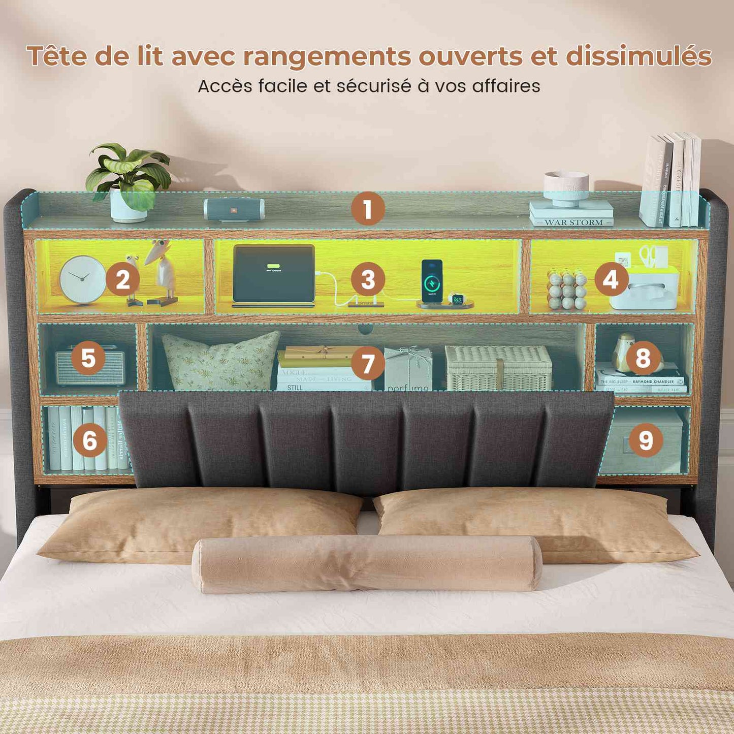 Lit coffre AOGLLATI 160x200 avec 4 grands tiroirs, lit double en lin gris avec tête de lit de rangement éclairage LED et station de recharge