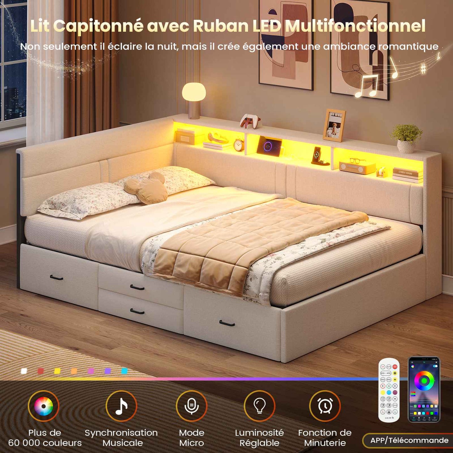 Canapé-lit AOGLLATI 140x200mm avec éclairage LED et prise électrique lit double 4 tiroirs tête de lit interchangeable
