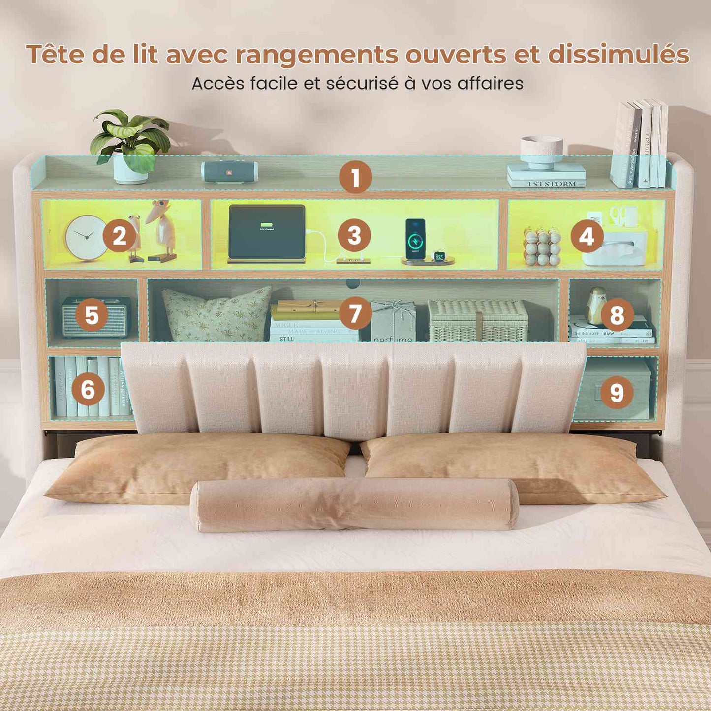 Lit coffre AOGLLATI 140x190 avec 4 grands tiroirs, lit double en lin beige avec tête de lit de rangement éclairage LED et station de recharge