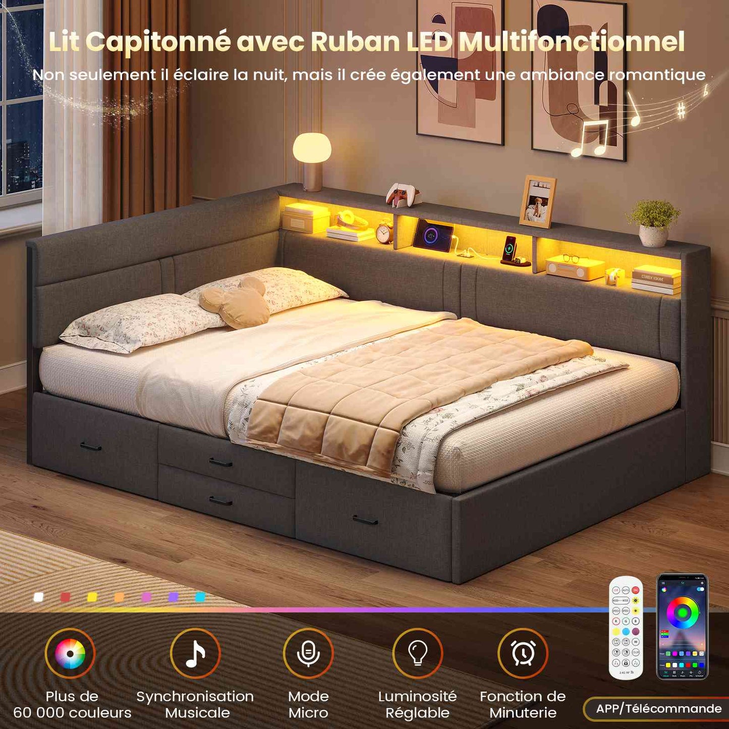 Canapé-lit AOGLLATI 140x200mm avec éclairage LED et prise électrique lit double 4 tiroirs tête de lit interchangeable