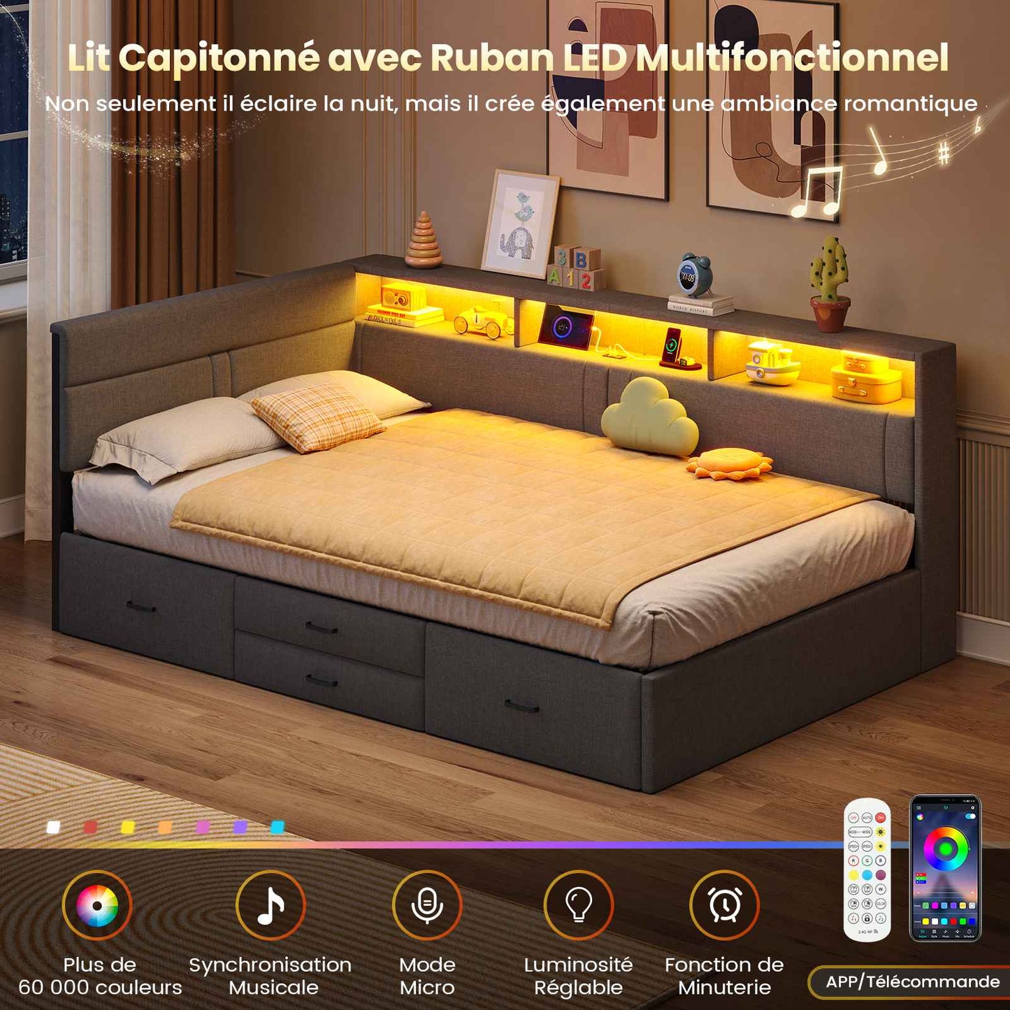 Canapé lit rembourré AOGLLATI 90 x 200 cm lit simple avec éclairage LED et station de recharge 4 tiroirs et cadre de lit rayé