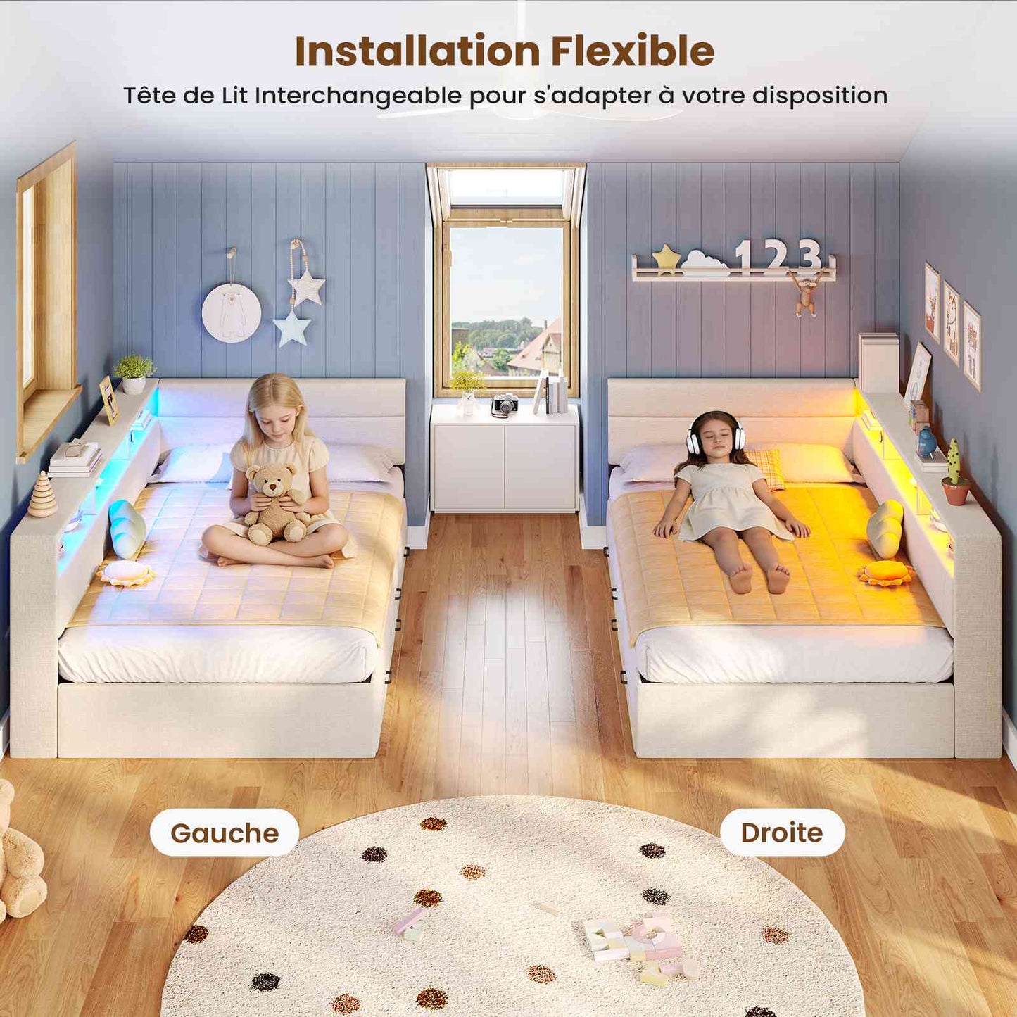 Canapé lit rembourré AOGLLATI 90 x 200 cm lit simple avec éclairage LED et station de recharge 4 tiroirs et cadre de lit rayé