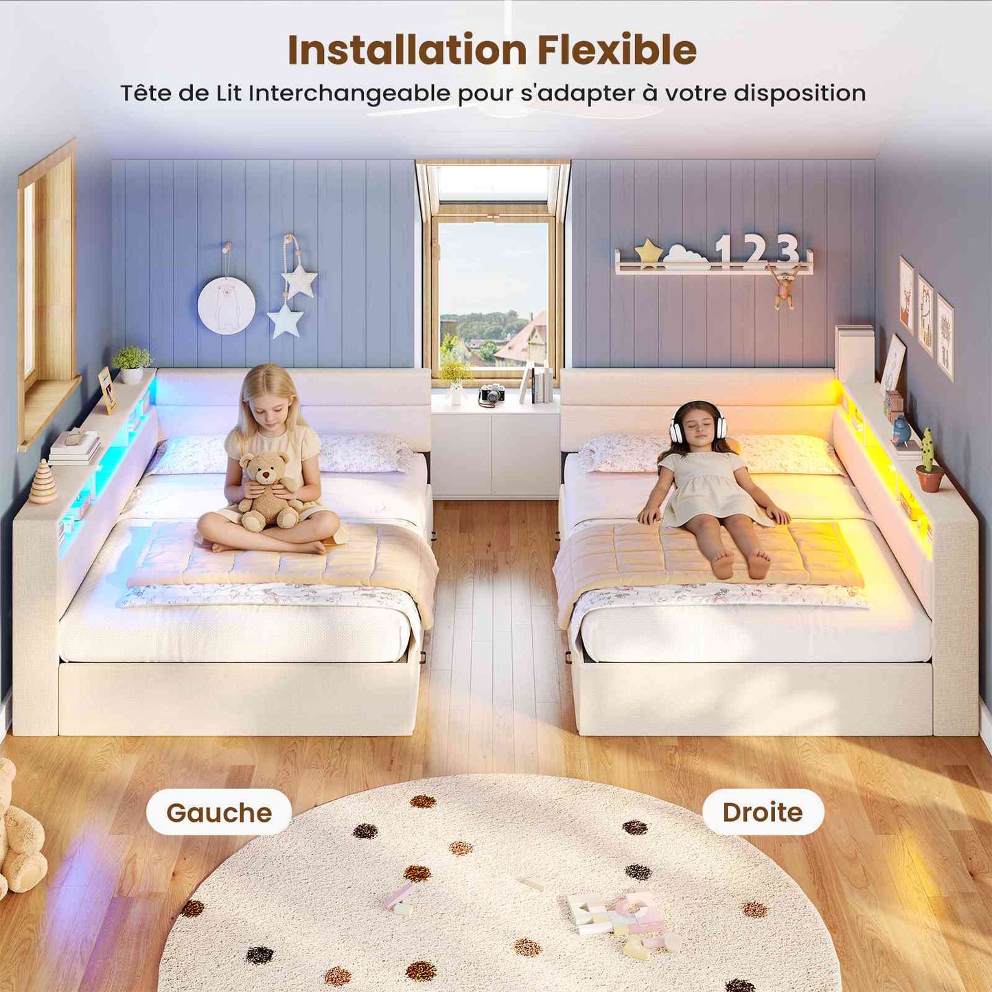 Canapé-lit AOGLLATI 140x200mm avec éclairage LED et prise électrique lit double 4 tiroirs tête de lit interchangeable