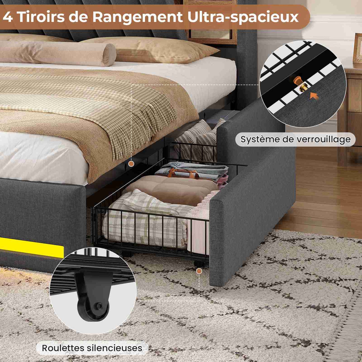 Lit coffre AOGLLATI 160x200 avec 4 grands tiroirs, lit double en lin gris avec tête de lit de rangement éclairage LED et station de recharge