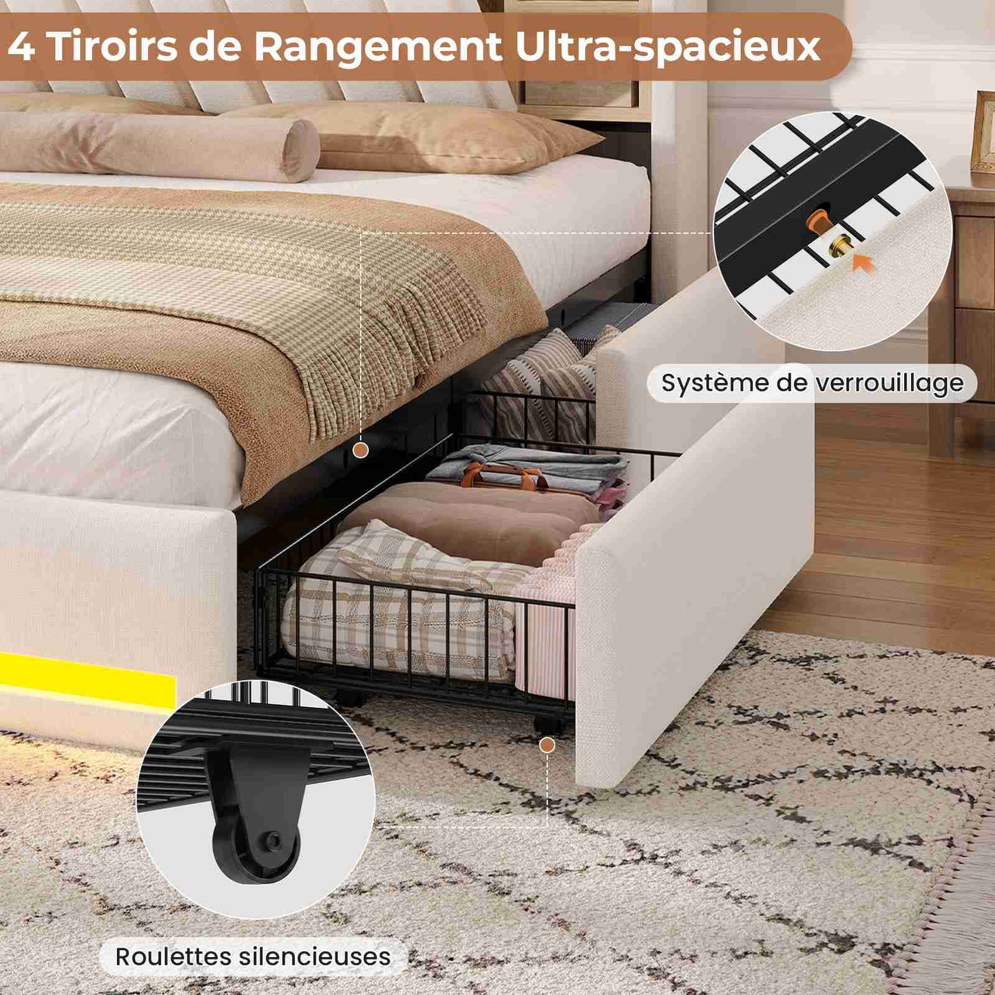 Lit coffre AOGLLATI 160x200 avec 4 grands tiroirs, lit double en lin gris avec tête de lit de rangement éclairage LED et station de recharge