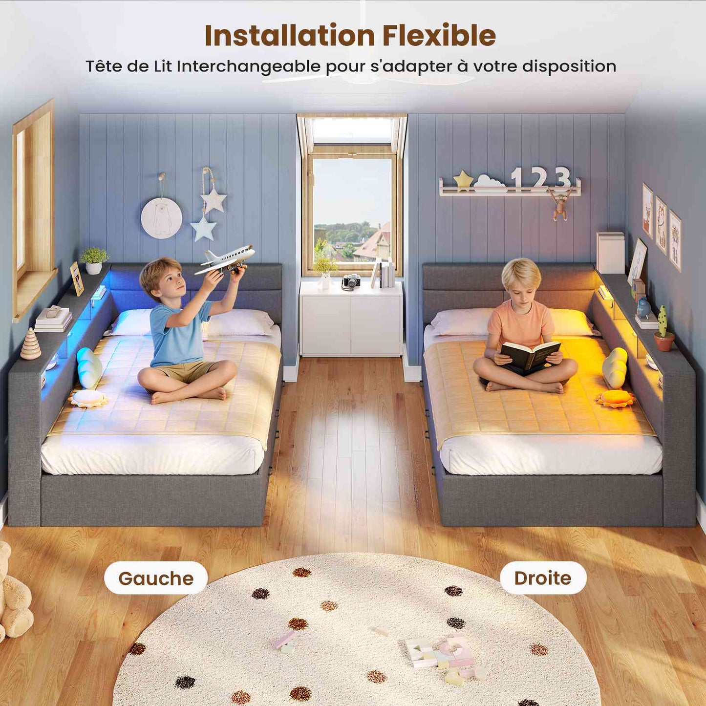 Canapé lit rembourré AOGLLATI 90 x 200 cm lit simple avec éclairage LED et station de recharge 4 tiroirs et cadre de lit rayé