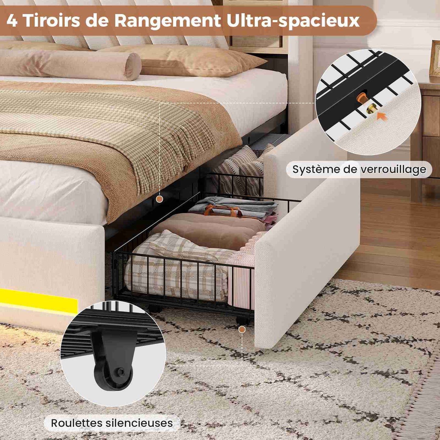 Lit coffre AOGLLATI 140x200 avec 4 grands tiroirs, lit double en lin gris avec tête de lit de rangement éclairage LED et station de recharge
