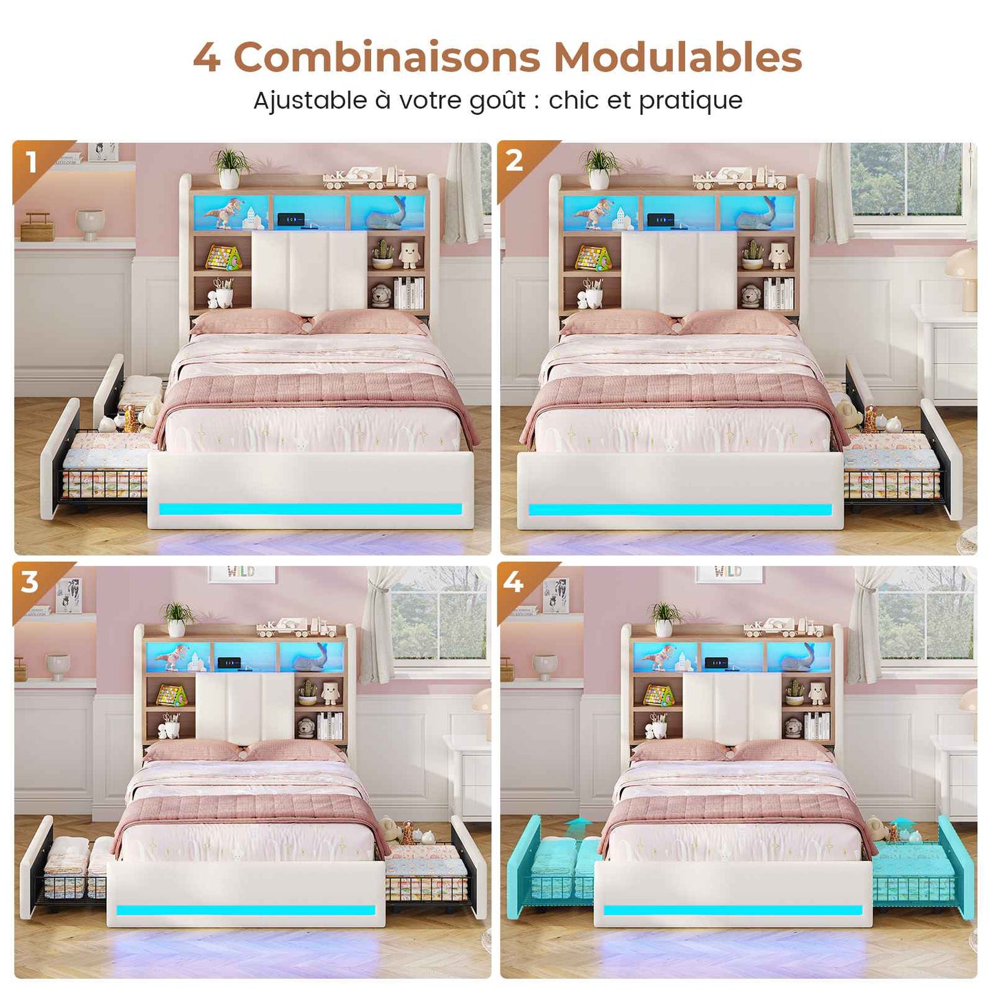 Lit coffre AOGLLATI 90x200 avec deux grands tiroirs lit simple en lin beige avec tête de lit de rangement éclairage LED et station de recharge