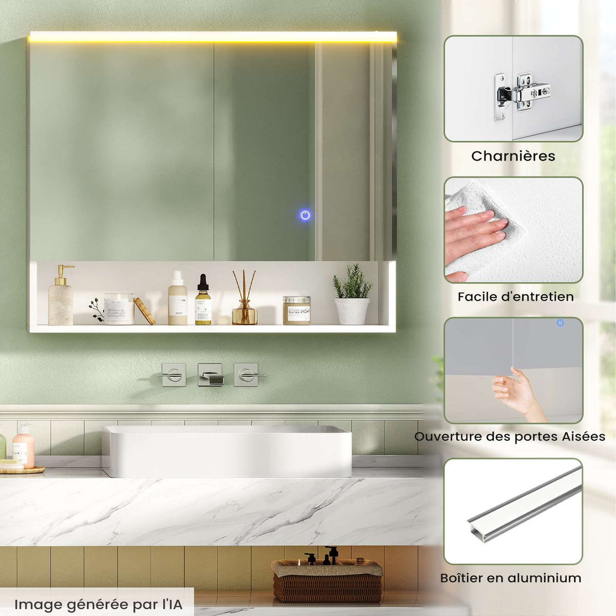 AOGLLATI Meuble Salle de Bain avec Éclairage LED et Prise, 80x19.5x75.5 cm