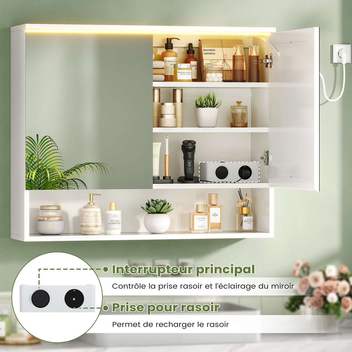 AOGLLATI Meuble Salle de Bain avec Éclairage LED et Prise, 80x19.5x75.5 cm